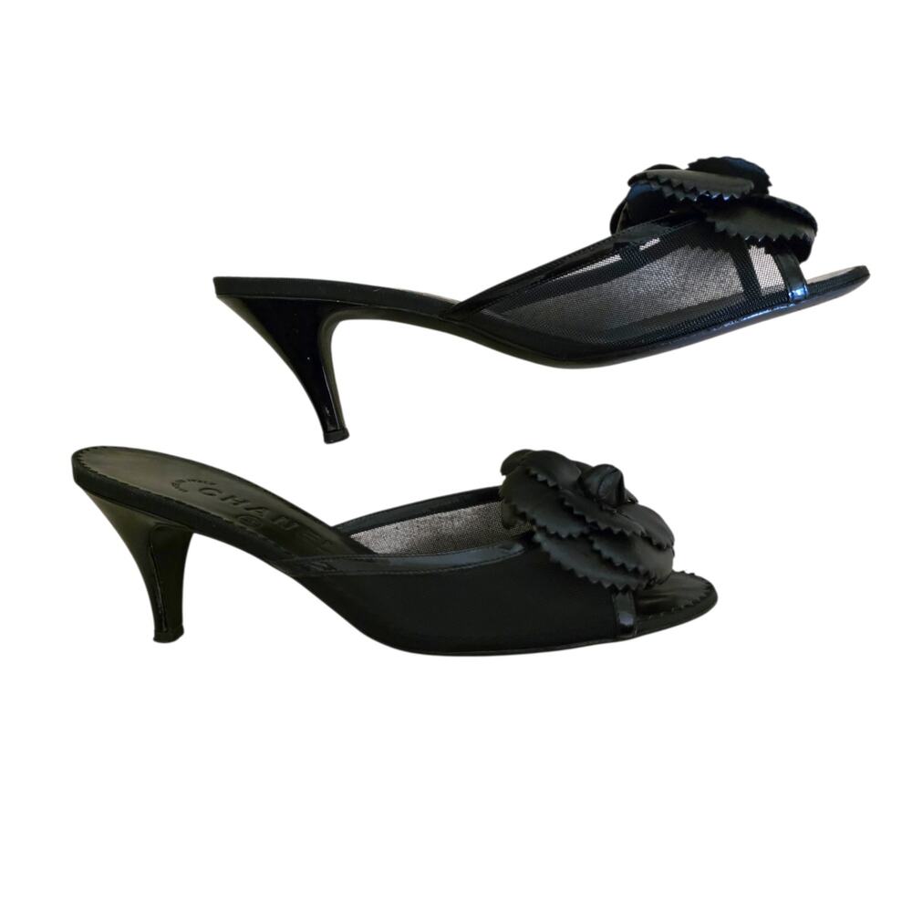 Chanel Vintage 2007 Camellia CC Logo Black Mesh Leather Mules IT 37 US 6.5 - Picture 10 of 12